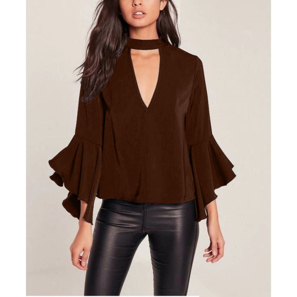 Blusa con Choker | Scollo a V e Maniche a Balze | Elegante e Femminile