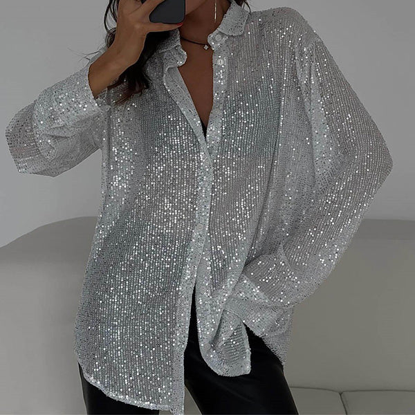 Sequin Shirt | Polyester Blend | Button-Down with Relaxed Fit