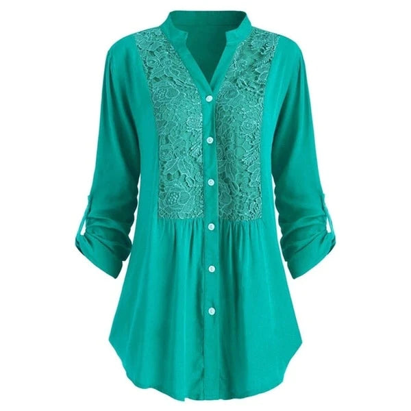 Blusa Ricamata | Scollo a V | Maniche Lunghe Arrotolabili