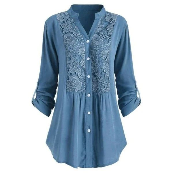 Blusa Ricamata | Scollo a V | Maniche Lunghe Arrotolabili