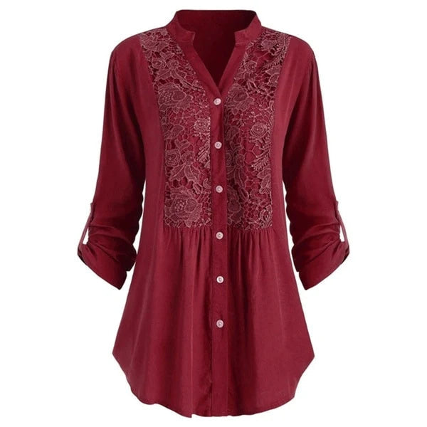 Blusa Ricamata | Scollo a V | Maniche Lunghe Arrotolabili