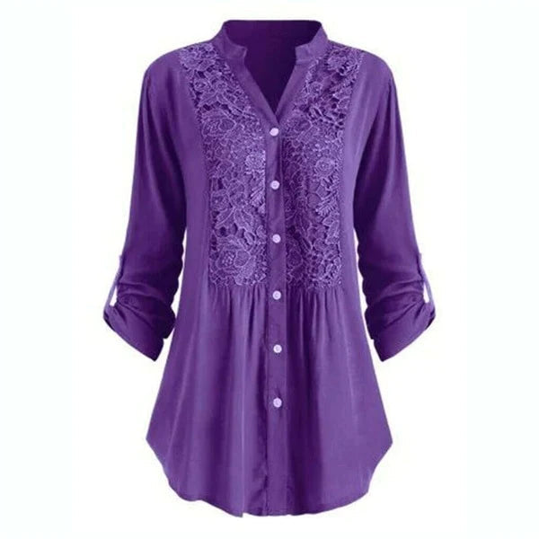 Blusa Ricamata | Scollo a V | Maniche Lunghe Arrotolabili