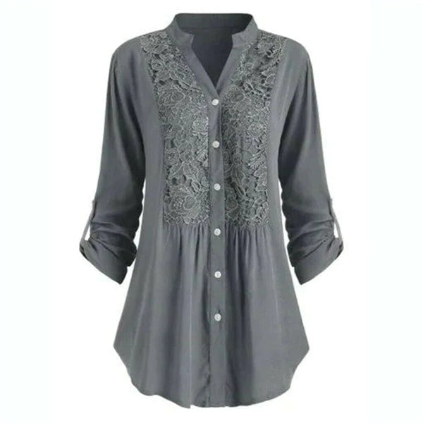 Blusa Ricamata | Scollo a V | Maniche Lunghe Arrotolabili