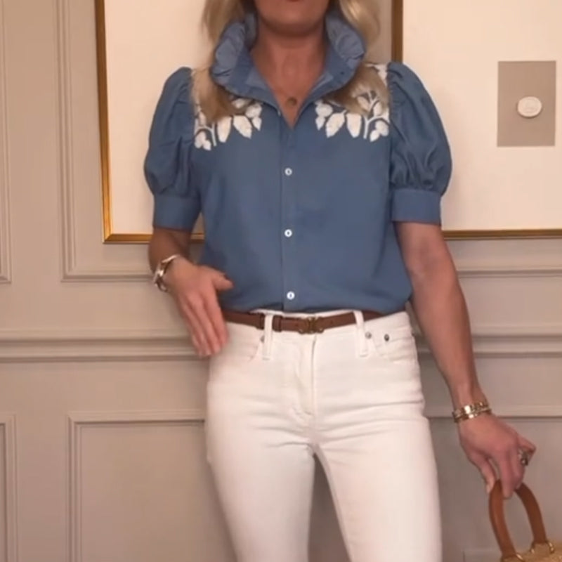 Camicia in Denim | Ricamata | Maniche a Sbuffo